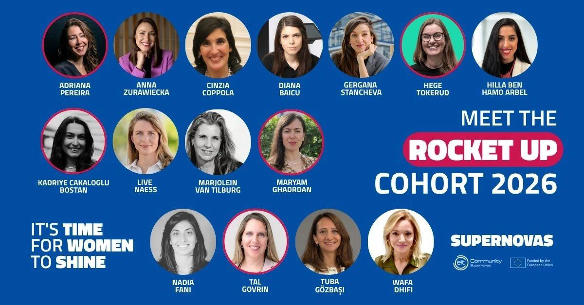 EIT Community Supernovas graphic: Meet the Rocket Up cohort 2026, with portraits of the founders, Maryam Ghadrdan among them