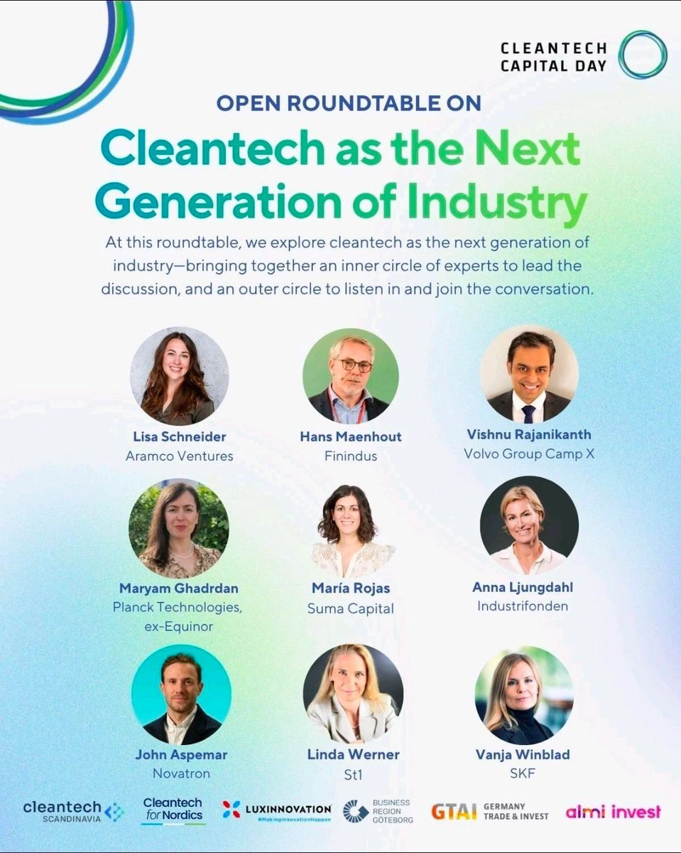 Programme card for the roundtable Cleantech as the Next Generation of Industry, with Maryam Ghadrdan among the speakers
