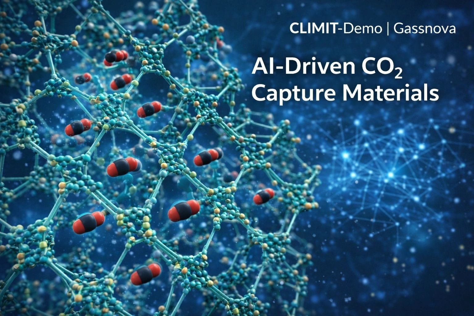 CLIMIT-Demo, Gassnova: AI-driven CO₂ capture materials, over an illustration of a porous framework