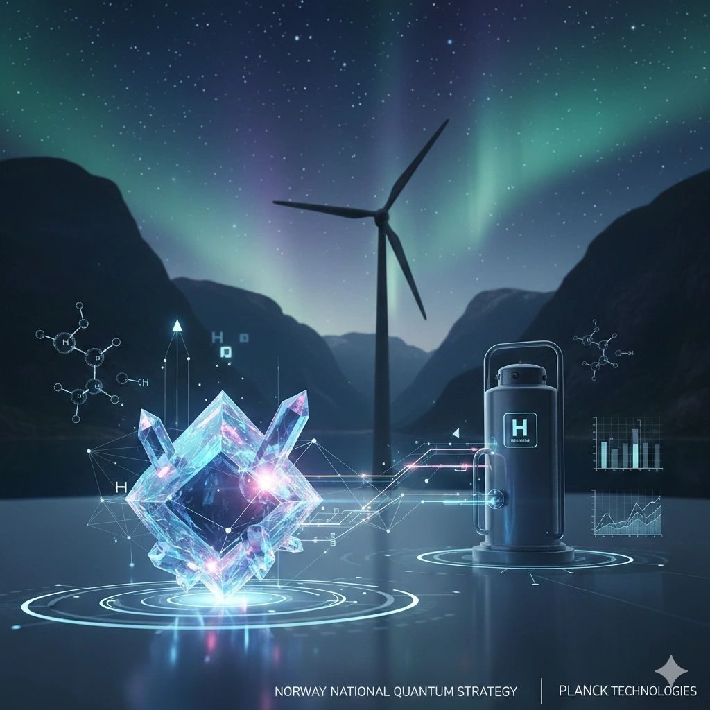 Illustration for Norway's national quantum strategy: a crystal, a wind turbine and a hydrogen tank under the northern lights