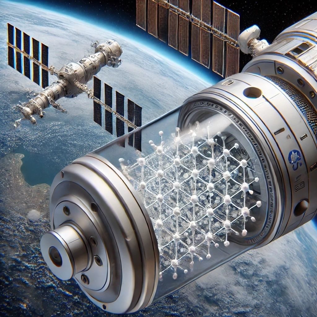 Illustration of an adsorbed oxygen storage tank on a spacecraft in orbit