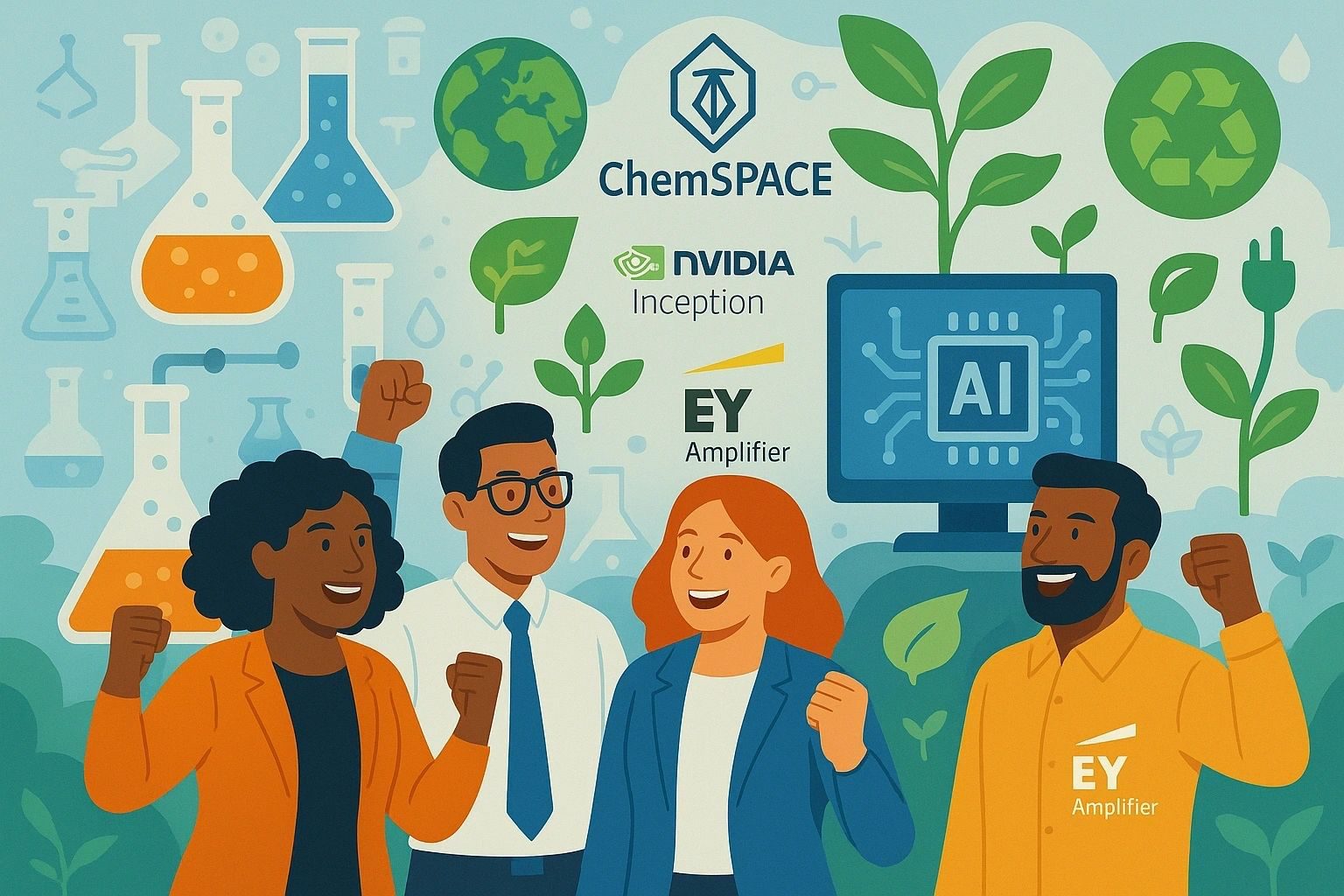 Illustration of a cheering team with the ChemSPACE, NVIDIA Inception and EY Amplifier logos