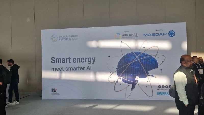 Exhibition stand reading Smart energy meet smarter AI at the World Future Energy Summit in Abu Dhabi