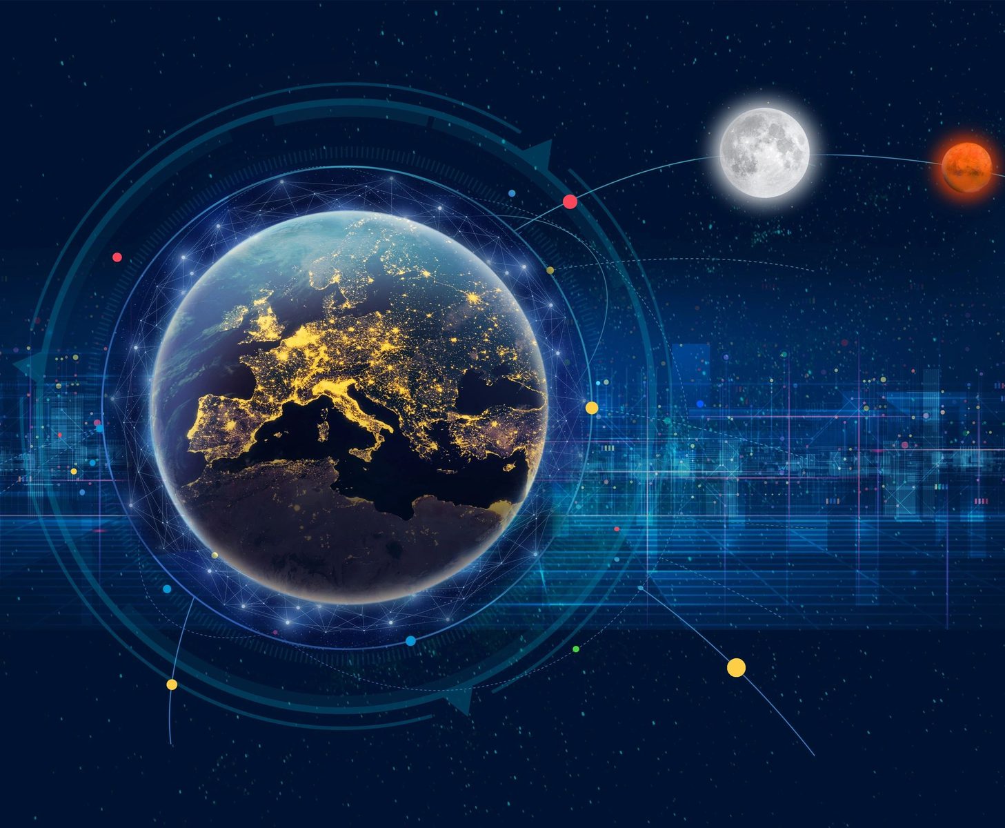 ESA FIRST! graphic: Europe on the globe, with the Moon and Mars