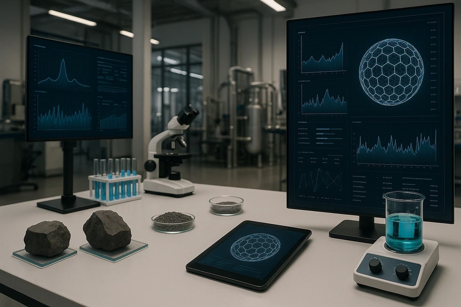 Illustration of a materials lab with screening data on the monitors