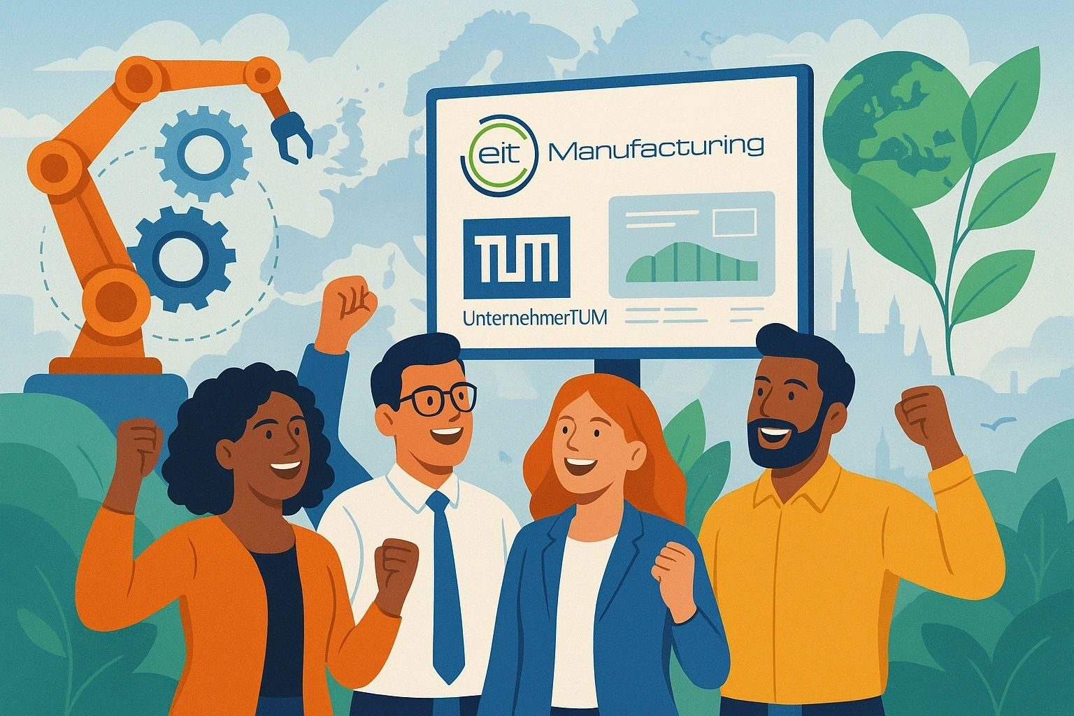 Illustration of a cheering team with the EIT Manufacturing and UnternehmerTUM logos