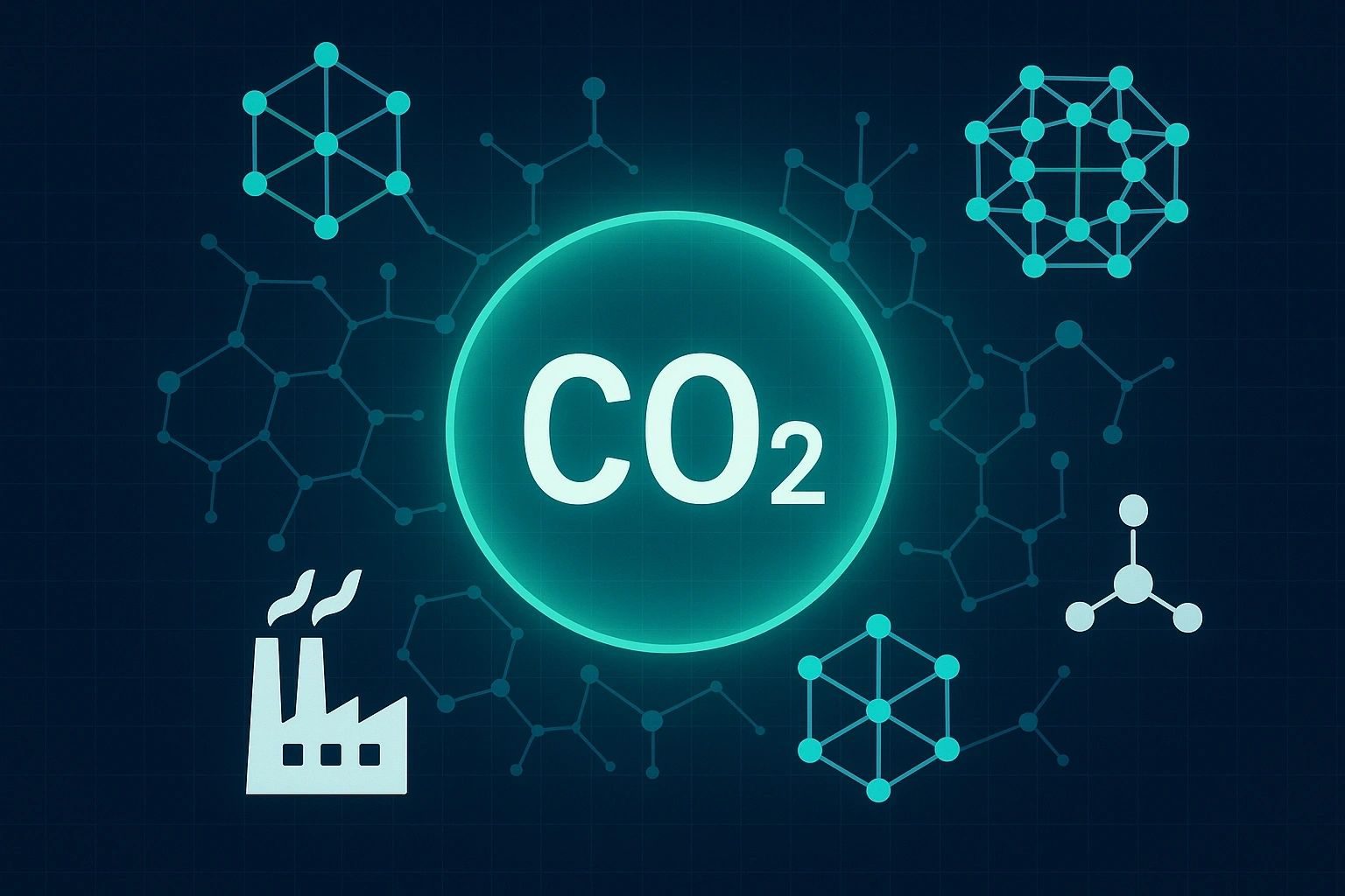 Illustration of a CO₂ symbol surrounded by porous framework structures and a factory